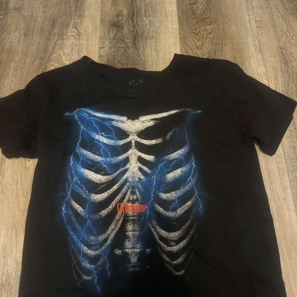 Black Skeleton Graphic Tee with Blue Accents